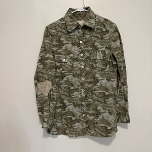 BELL By Alicia Bell Camo Button Up Blouse Gold Heart Elbow Patches Size 6